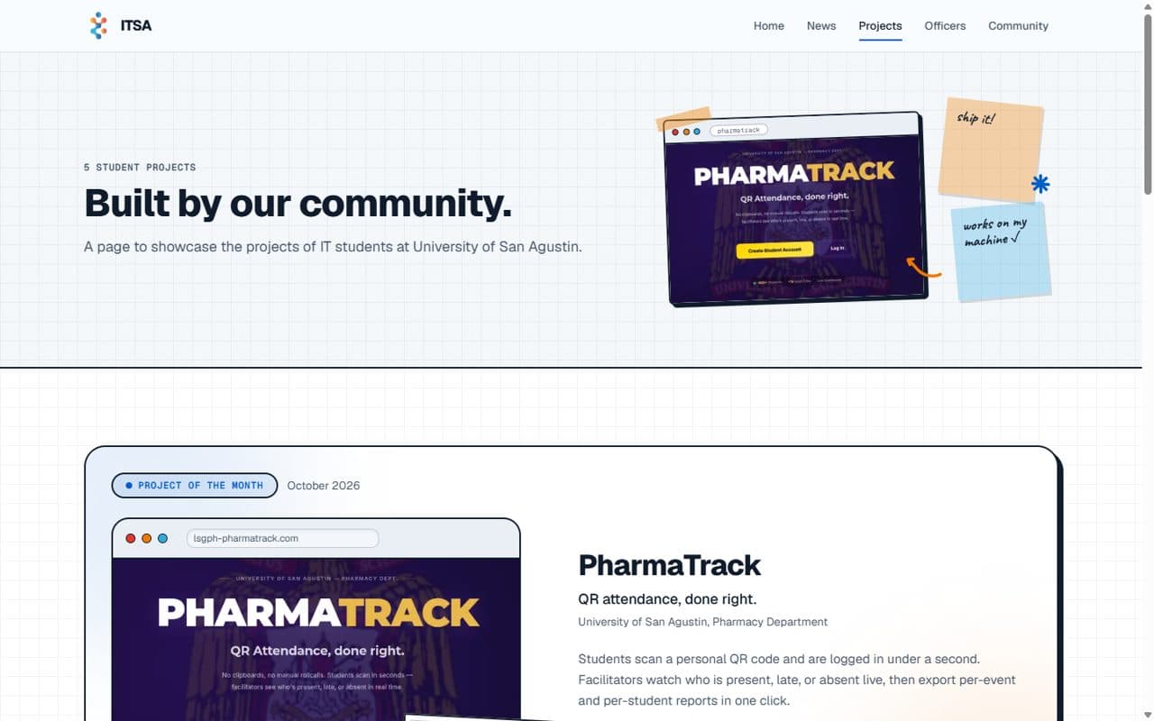 ITSA website student projects page featuring PharmaTrack