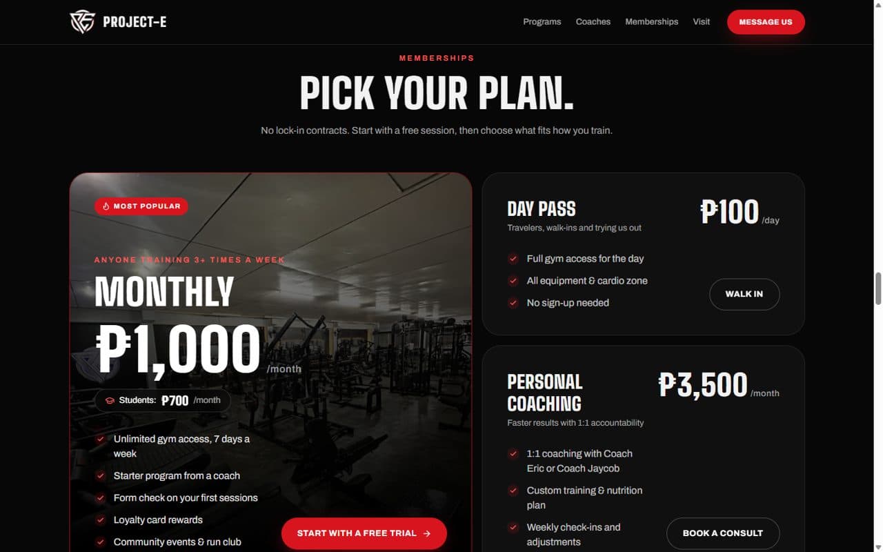 Project-E Fitness Gym website membership plans